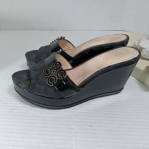Coach Women's Geri Wedge Slide Sandals Heels Sz 6 M Black Patent Leather Canvas
